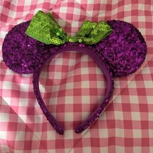 Sequin Purple Minnie-Style Ear Headband with Green Bow